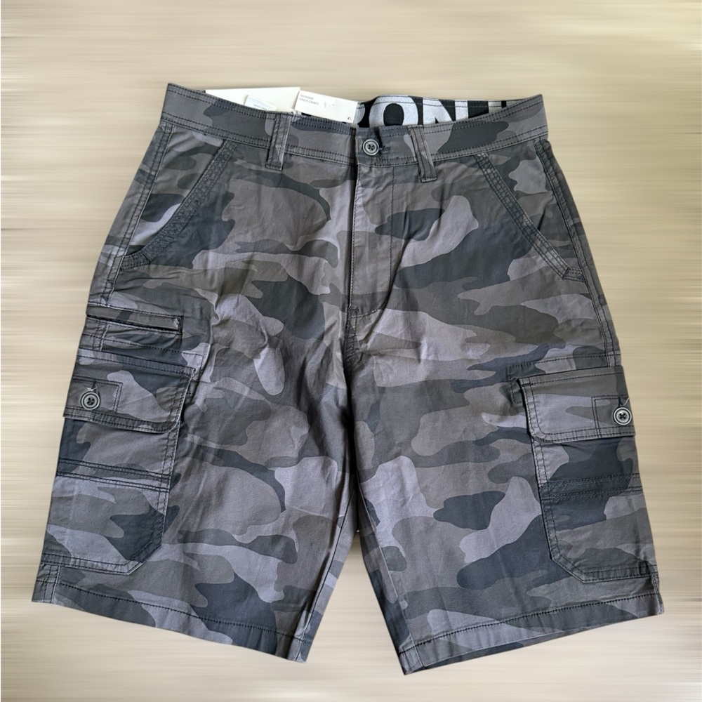 Iron Co. Men's Comfort Waistband Regular Fit Stretch Cargo Short (Grey Camo, 32)